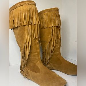 Sam Edelman knee hi cognac fringe flat boots .